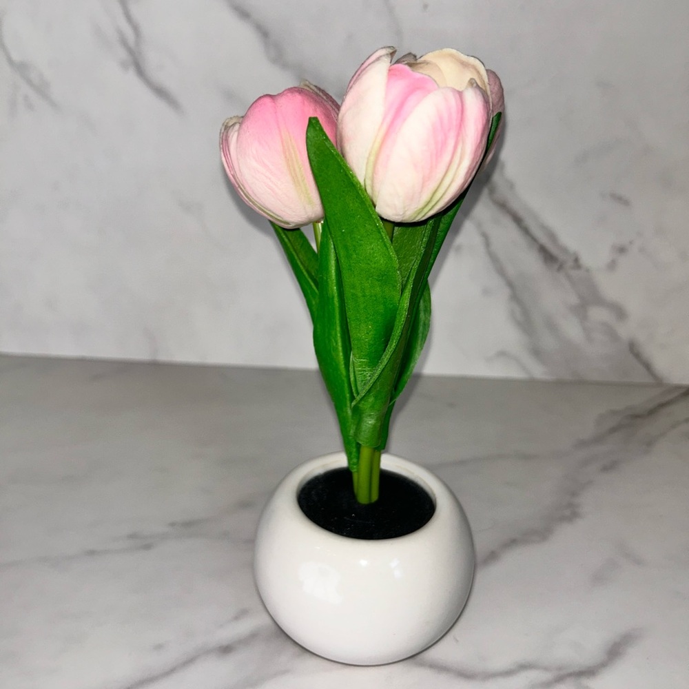 Pink and White Tulip Arrangement in Ceramic Vase Lights Up in the Dark